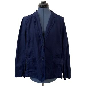 Eileen Fisher Navy Irish Linen Button Up Blazer Jacket Patch Pockets Career L
